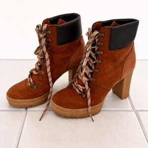 See by Chloé Eileen Lace Up Leather Ankle Boots Brown Black Size 8